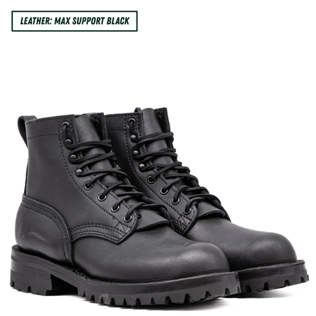 Pair of black leather boots on a white background