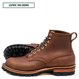A pair of brown leather lace-up work boots shown on a white background, with one boot standing upright and the other lying on its side to display the black treaded sole. A text label in the top left reads 'LEATHER: 1964 BROWN'.