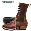 A pair of double-stuffed buck brown leather lace-up boots shown on a white background, with one boot standing upright and the other lying on its side to display the sole. A text label in the top left reads 'LEATHER: DOUBLE STUFFED BUCK BROWN / PREDATOR ORANGE'.