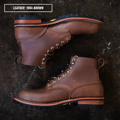 A pair of brown leather lace-up boots shown from top and side views on a dark textured surface, with a text label reading 'LEATHER: 1964 BROWN' in the top left corner.