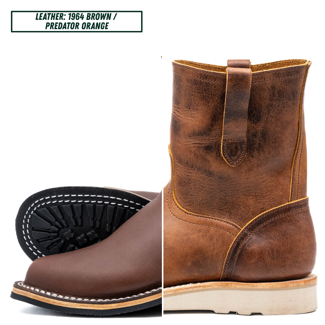 A split view of a brown leather ankle boot, showing the side profile with a pull tab and the toe end with white stitching, alongside a black outsole detail. Text in the top left reads 'LEATHER: 1964 BROWN / PREDATOR ORANGE'.