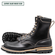 A pair of black lace-up work boots with a rugged lug sole, shown on a white background. One boot is positioned upright to show the side and front, while the other lies flat behind it to display the outsole.