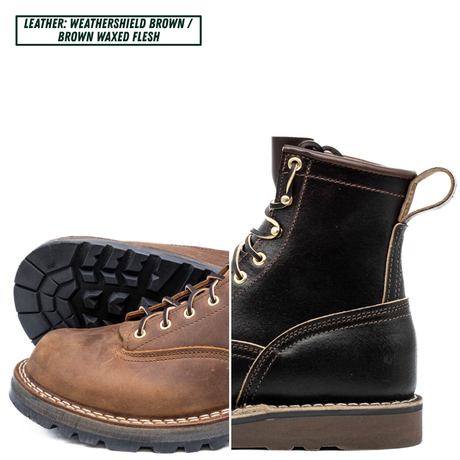 A single lace-up boot shown on a white background with a split view: the left half shows the black outsole with white stitching, and the right half shows the brown leather upper and brown wedge. Text at the top reads 'LEATHER: WEATHERSHIELD BROWN / BROWN WAXED FLESH'.