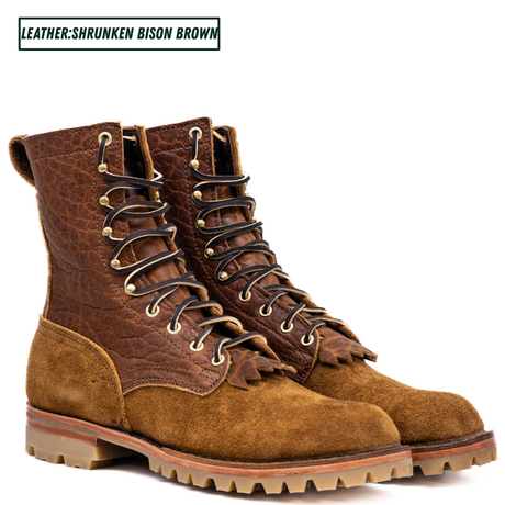 A pair of rugged lace-up boots in mixed brown leather and suede, shown on a white background with a text label reading 'LEATHER: SHRUNKEN BISON BROWN'.