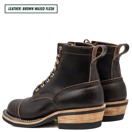 A pair of dark brown leather lace-up ankle boots with a stacked wood-look heel and pull tabs, shown on a white background with a text label in the top-left corner.