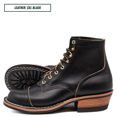 A pair of black leather lace-up ankle boots with gold-tone eyelets and contrast stitching, shown on a white background with a text label in the top left reading 'LEATHER: CXL BLACK'.