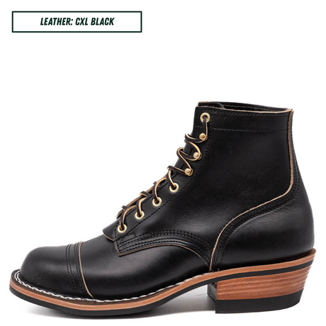 A black leather lace-up ankle boot with gold-tone eyelets and contrast stitching, shown from a side profile on a white background. A text label in the top left reads 'LEATHER: CXL BLACK'.