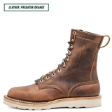 A single lace-up ankle boot in distressed brown leather, shown in profile against a plain white background. A small label in the top-left corner reads 'LEATHER: PREDATOR ORANGE'.