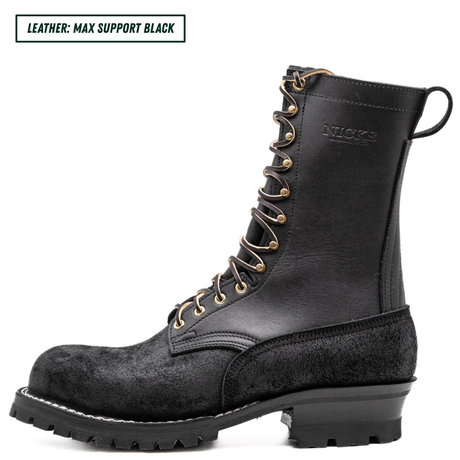 A black leather lace-up work boot shown in profile on a white background, with a small text label in the top-left corner reading 'LEATHER: MAX SUPPORT BLACK'. The boot has tan eyelets, a black pull loop, and a rugged black sole.