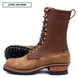 A brown leather lace-up work boot shown in side profile on a white background, with a second boot partially visible behind it. A small label in the top left reads 'LEATHER: 1964 BROWN'.