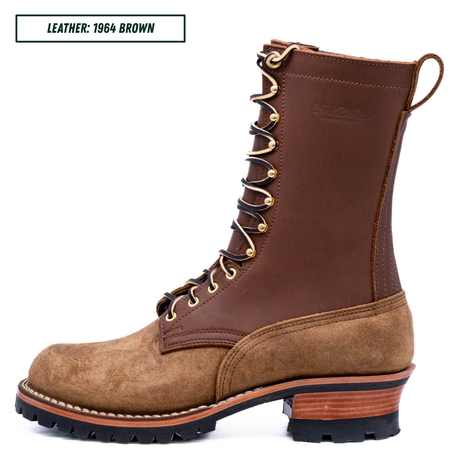 A high-top lace-up work boot in brown leather and tan suede, shown in profile on a white background. A text label in the top-left corner reads 'LEATHER: 1964 BROWN'.