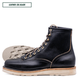 A single black leather lace-up boot shown in side profile on a white background, with a second boot placed behind it to display the sole. A small label at the top reads 'LEATHER: CXL BLACK'.