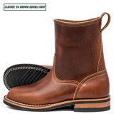 A brown leather ankle boot shown in side profile on a white background, with a second boot turned to show the treaded outsole behind it. Text in the top left reads 'LEATHER: 64 BROWN DOUBLE SHOT'.