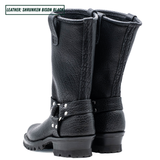 A pair of black leather mid-calf boots with a pebbled texture, featuring a decorative strap with silver studs on the side and a rugged sole, shown against a plain white background.