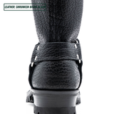 Close-up of the back heel of a black textured leather boot with a thick lug sole and metal rivet details, on a white background with a text label in the top-left corner.