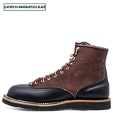 Two tone boots with dark brown roughout uppers and glossy black lowers on a white background. Single boot sitting upright. Top left reads 'LEATHER:64 MAHOGANY/CXL BLACK'