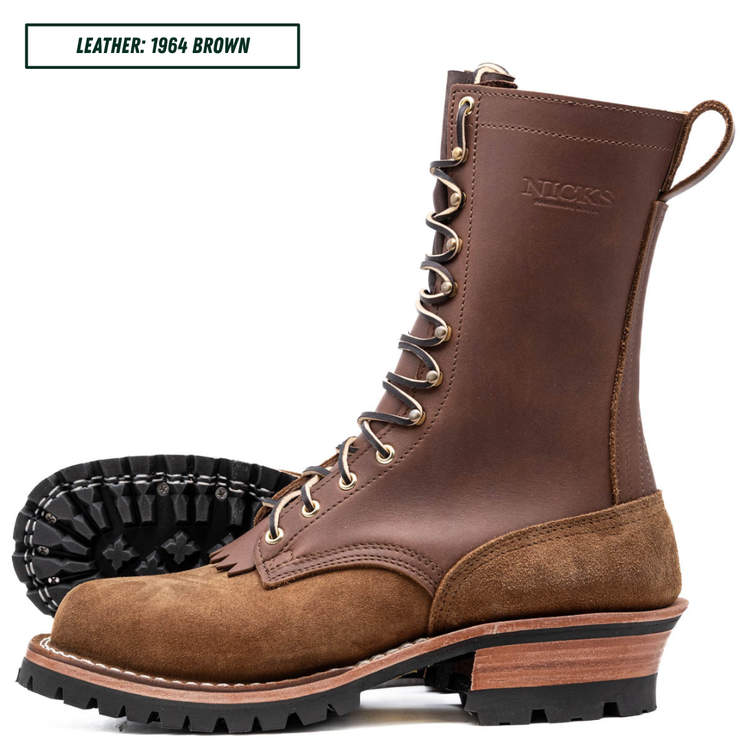 A brown leather and suede work boot shown on a white background, with a second boot turned to show the sole behind it. Text in the top left reads 'LEATHER: 1964 BROWN'.