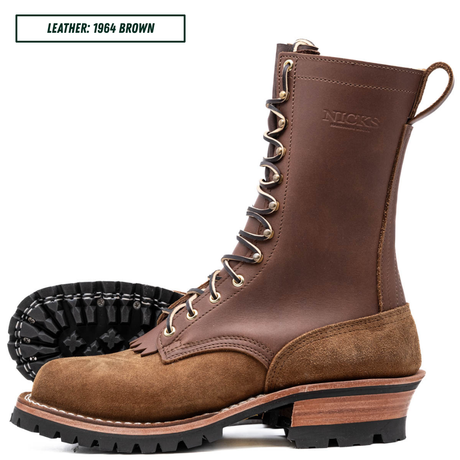 A brown leather and suede work boot shown on a white background, with a second boot turned to show the sole behind it. Text in the top left reads 'LEATHER: 1964 BROWN'.
