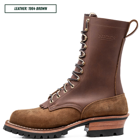 A brown leather lace-up work boot shown in profile on a white background, with a text label in the top-left corner reading 'LEATHER: 1964 BROWN'. The boot has a dark brown leather upper, a suede-like brown toe and heel panel, metal eyelets, and a black lug sole.