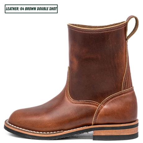 A brown leather ankle boot shown in side profile on a white background. Text in the top left reads 'LEATHER: 64 BROWN DOUBLE SHOT'.
