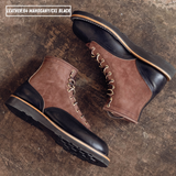 Two tone boots with dark brown roughout uppers and glossy black lowers laying on textured concrete. Top left reads 'LEATHER:64 MAHOGANY/CXL BLACK'