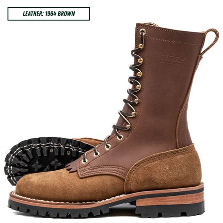 A pair of work boots in brown leather and suede, featuring a lace-up front, pull tab, and rugged black lug sole. One boot is shown upright while the other lies on its side displaying the treaded sole.