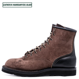 A brown suede lace-up work boot with black leather single piece backstay. A text label in the top left reads 'LEATHER:64 MAHOGANY/CXL BLACK'.