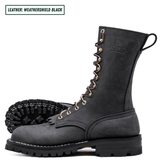 Insulated black boots with white background. One boot sitting side profile while the other laying down with the outsole showing. Top left reads "LEATHER: WEATHERSHIELD BLACK."