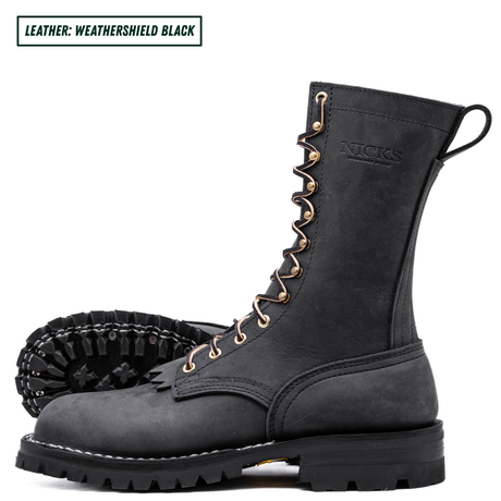 Insulated black boots with white background. One boot sitting side profile while the other laying down with the outsole showing. Top left reads "LEATHER: WEATHERSHIELD BLACK."