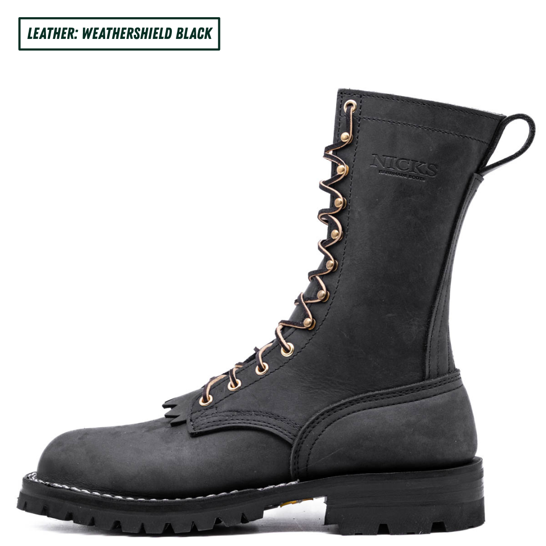 A single black leather lace-up work boot shown in profile on a white background, with a small text label in the top-left corner reading 'LEATHER: WEATHERSHIELD BLACK'. The boot has gold-tone eyelets and laces, a thick black lug sole, and an embossed 'NICKS' logo near the collar.