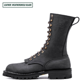 A single black leather lace-up work boot shown in profile on a white background, with a small text label in the top-left corner reading 'LEATHER: WEATHERSHIELD BLACK'. The boot has gold-tone eyelets and laces, a thick black lug sole, and an embossed 'NICKS' logo near the collar.