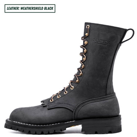 A single black leather lace-up work boot shown in profile on a white background, with a small text label in the top-left corner reading 'LEATHER: WEATHERSHIELD BLACK'. The boot has gold-tone eyelets and laces, a thick black lug sole, and an embossed 'NICKS' logo near the collar.