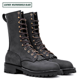 Insulated black boots with white background. Boots sitting together facing forward right. Top left reads "LEATHER: WEATHERSHIELD BLACK."