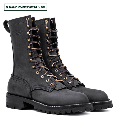 Insulated black boots with white background. Boots sitting together facing forward right. Top left reads "LEATHER: WEATHERSHIELD BLACK."