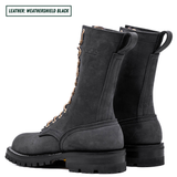 Insulated black boots with white background. Boots sitting together facing back left. Top left reads "LEATHER: WEATHERSHIELD BLACK."