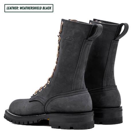 Insulated black boots with white background. Boots sitting together facing back left. Top left reads "LEATHER: WEATHERSHIELD BLACK."