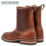 Brown leather pull on boots sitting together in front of white background. Text in the top left reads 'LEATHER: 64 BROWN DOUBLE SHOT'.