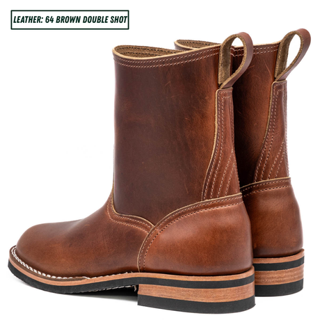 Brown leather pull on boots sitting together in front of white background. Text in the top left reads 'LEATHER: 64 BROWN DOUBLE SHOT'.