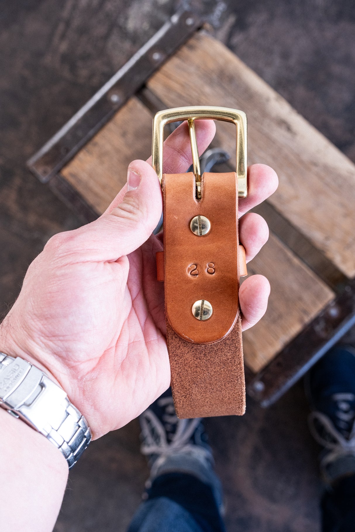 In Stock - Traditional Harness Everyday Belt / Buck Brown Veg-Tan 1.5” / Waist Size 24 (Belt Size 28)