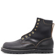 Black leather boot with gold buttons on a white background