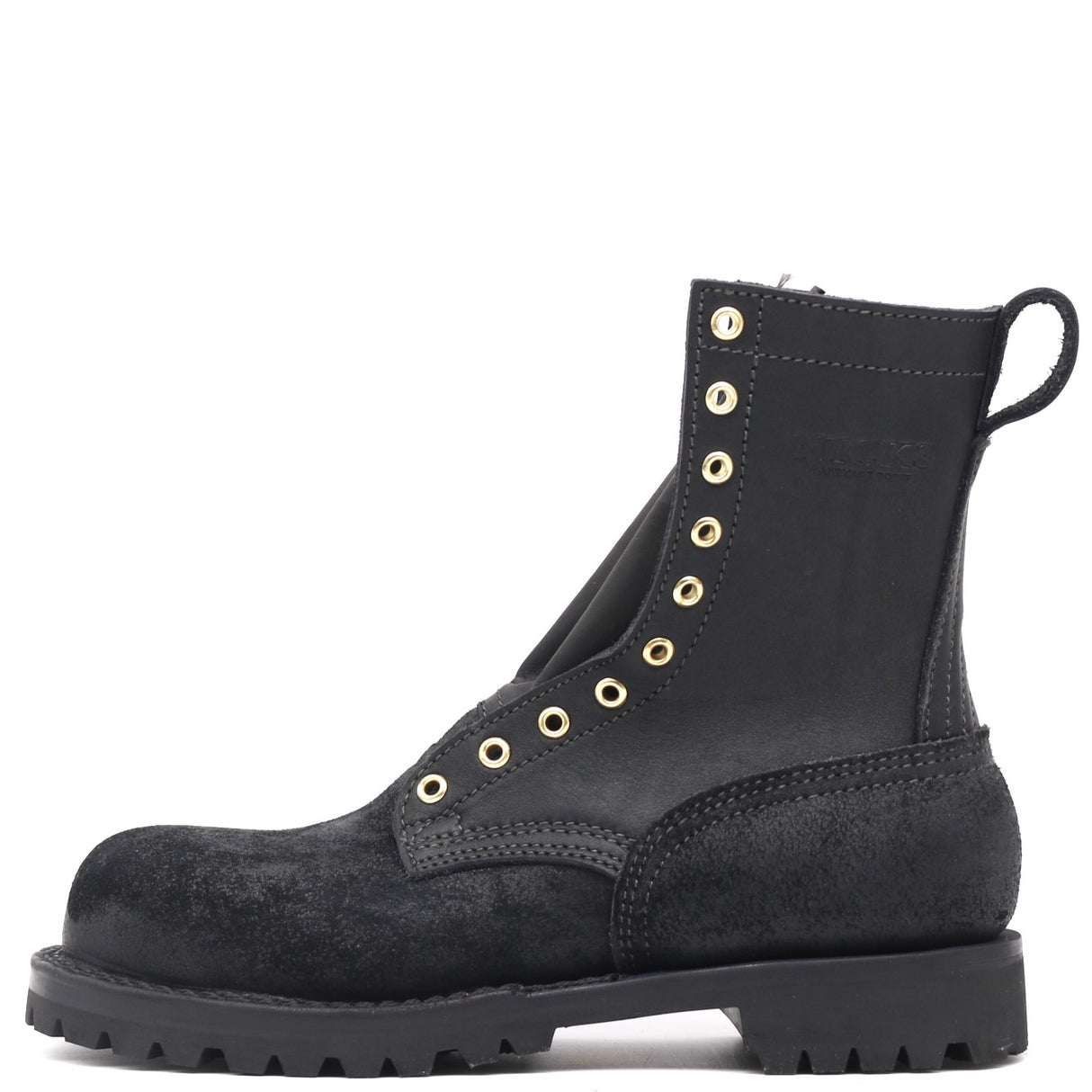 Black leather boot with gold eyelets on a white background