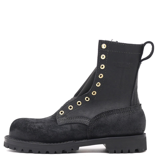 Black leather boot with gold eyelets on a white background