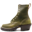 An olive green distressed leather lace-up ankle boot with silver metal eyelets, a dark brown chunky lug sole, and a pull tab on the heel, shown against a plain white background.