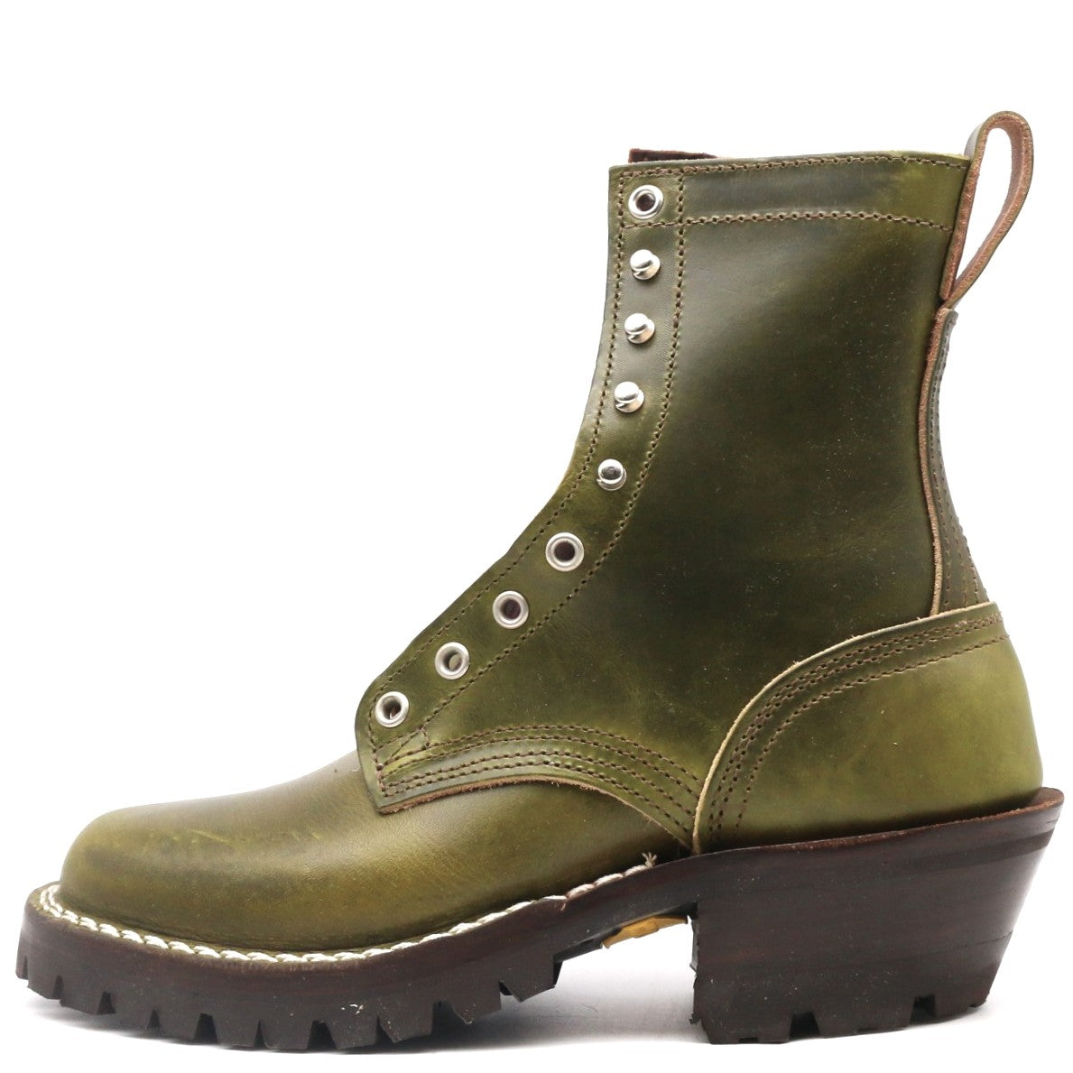 An olive green distressed leather lace-up ankle boot with silver metal eyelets, a dark brown chunky lug sole, and a pull tab on the heel, shown against a plain white background.