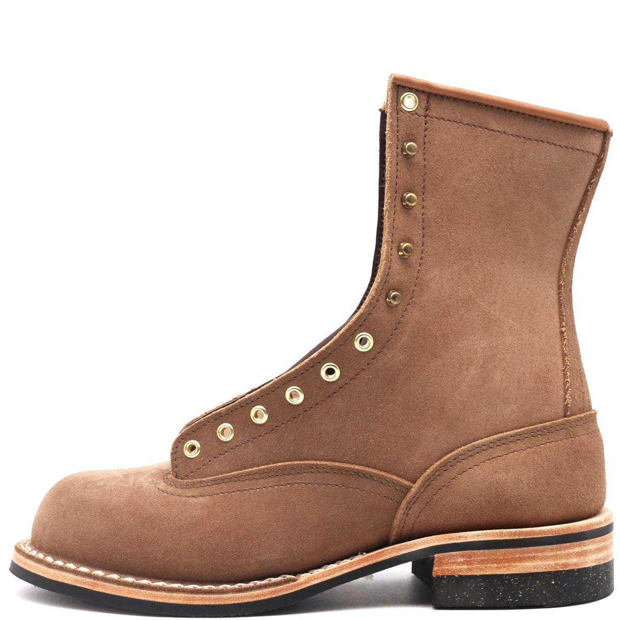 10" all boot with tan roughout leather and a beeswax edge. Last toe toe pattern