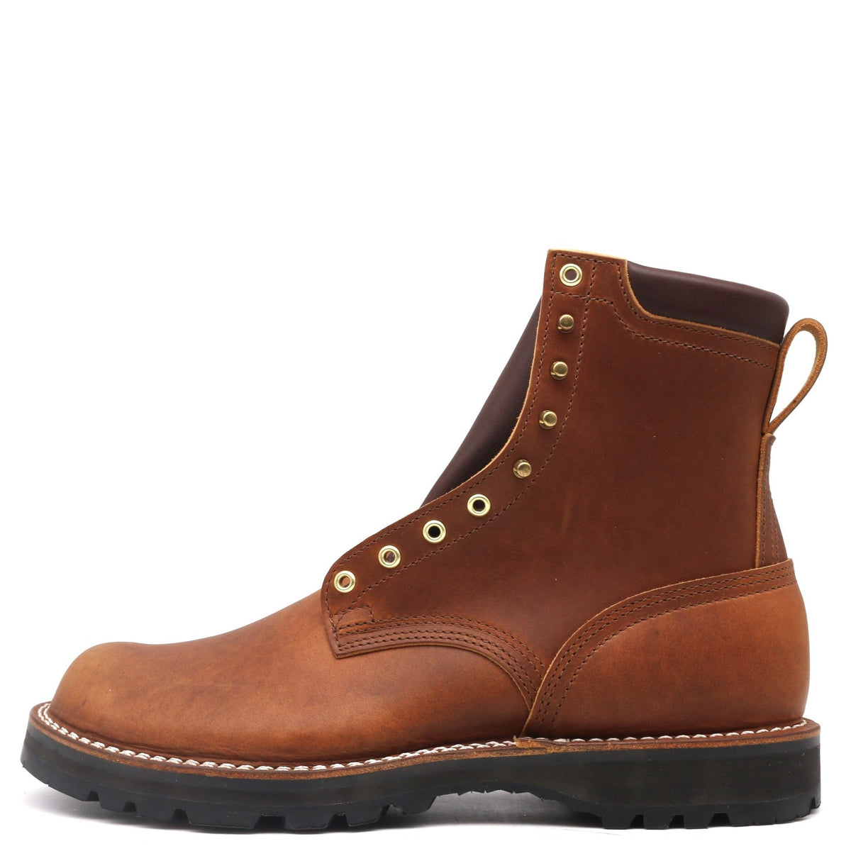 Brown leather boot with visible stitching on a white background. Padded collar with brass hardware 