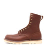 Brown leather boot with brass hardware, moc toe stitching, white wedge sole on a white background