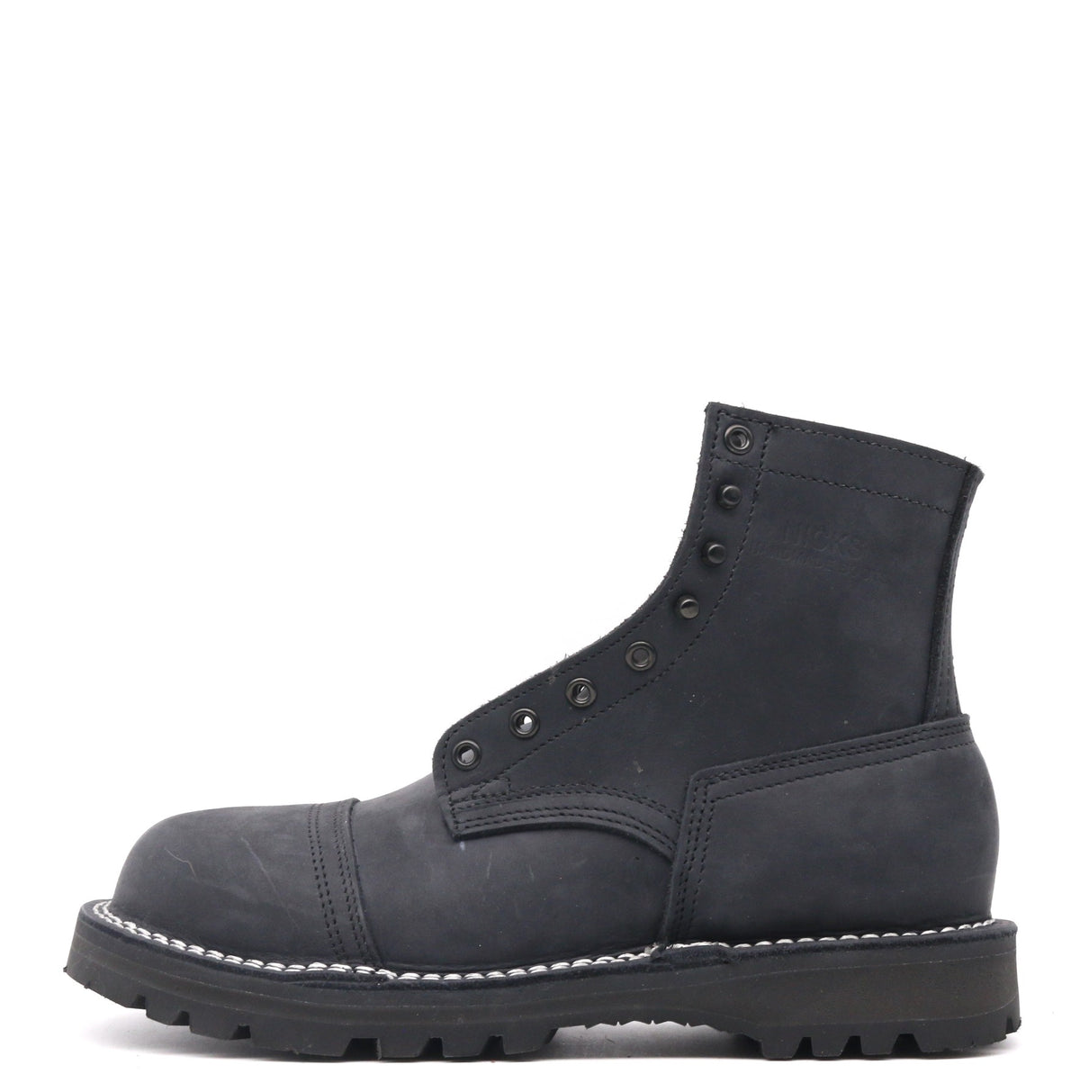 Black leather boot with a white background black hardware, 360 stitchdown construction 