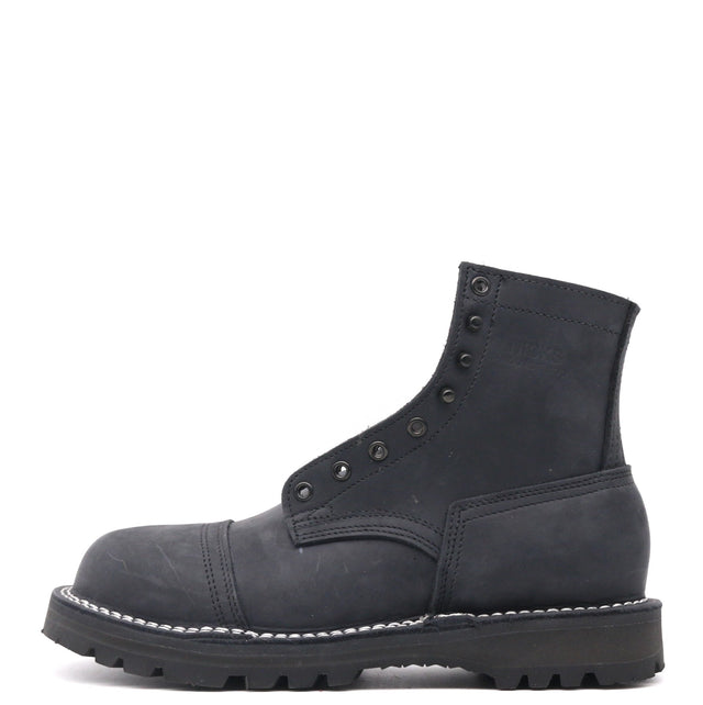 Black leather boot with a white background black hardware, 360 stitchdown construction 