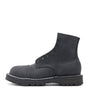 Black leather boot with a white background black hardware, 360 stitchdown construction 